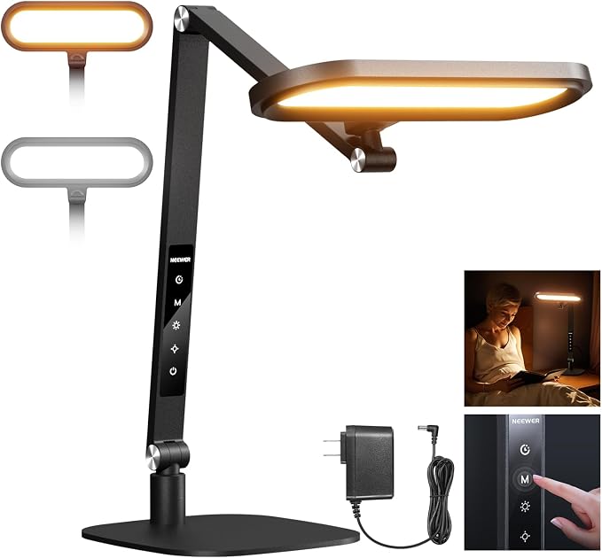 NEEWER Basics 16W Desktop LED Lamp for Home Office Video Conference Reading Lighting, Eye Caring Foldable Double Sided Dimmable Touch Ring Light with Desk Stand Memory Timer 5 Color Modes CRI95, FR16 by Neewer