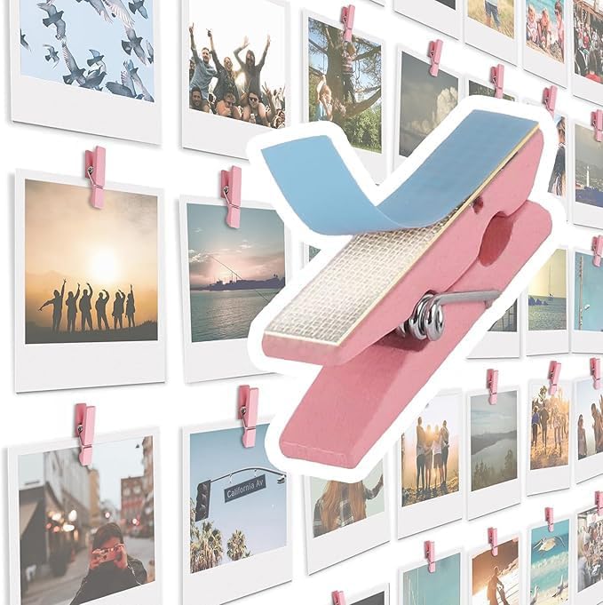 20 Pack Mini Self Adhesive Clips for Pictures - Wood Clip Photo Holders for Wall, Photo Cards Hanging Display Board & Picture Boards, Artwork Photos Holders Hangers Room Decor (Pink) by TOROS