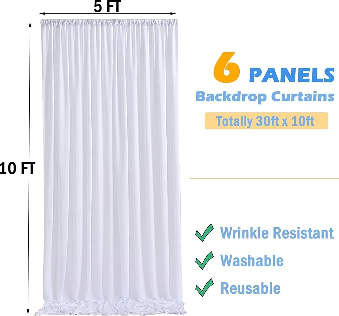 30ftx10ft Wrinkle Free White Backdrop Curtains for Party Background, 6 Panels 5x10ft Silky Polyester Photo Backdrop Drapes Back Drop Cloth for Wedding Birthday Photography Baby Shower Decor - Image 6
