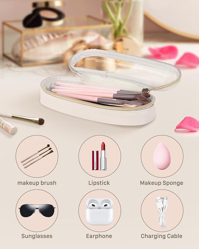 Soimeat Clear Travel Makeup Brush Holder, Leather Makeup Brush Toiletry Bag, Portable Cosmetic Brush Case, Transparent Waterproof Makeup Brush Storage Bag, White, Large - Image 2