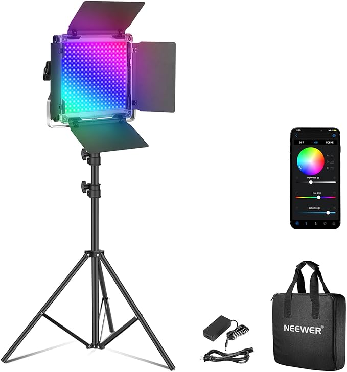 NEEWER Upgraded RGB LED Studio Video Light with Tripod Stand, App Control 50W 7000Lx CRI97+ 3200-5600K Dimmable Panel Key Lighting Kit for Game Streaming YouTube Recording Photography, RGB660 PRO II | App Control, 50W 7000Lx CRI97+ 3200-5600K Dimmable,... by Neewer