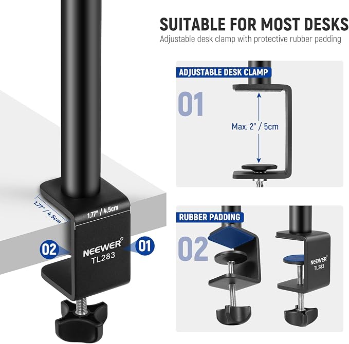 NEEWER Camera Desk Mount with Holder & 360° Ball Head, 17"-40"/43-102cm Telescopic C Clamp Table Light Stand 1/4" Screw, Desktop Stand 6.6lb/3kg Max Load for DSLR Camera, Webcam, Ring Light,TL283 - Image 5