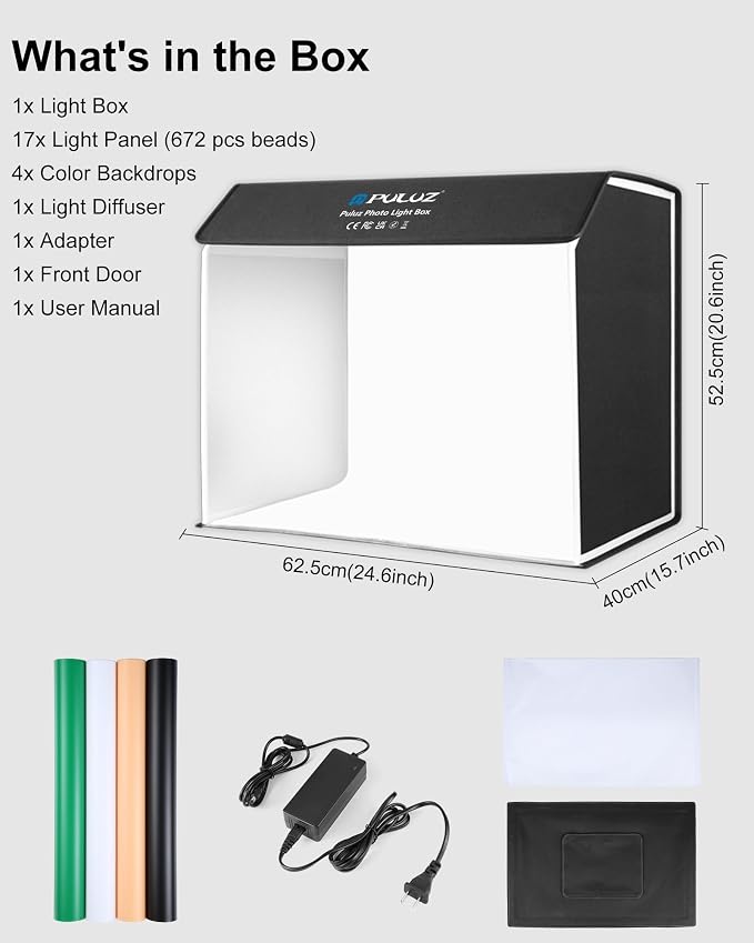 PULUZ 24x16 inch Photo Box, Large Photo Studio Light Box Photography, Professional 3000-6500k Dimmable Shooting Tent Kit with 672 LED Lights & 4 Backdrop for Jewelry and Food Product Photography - Image 7