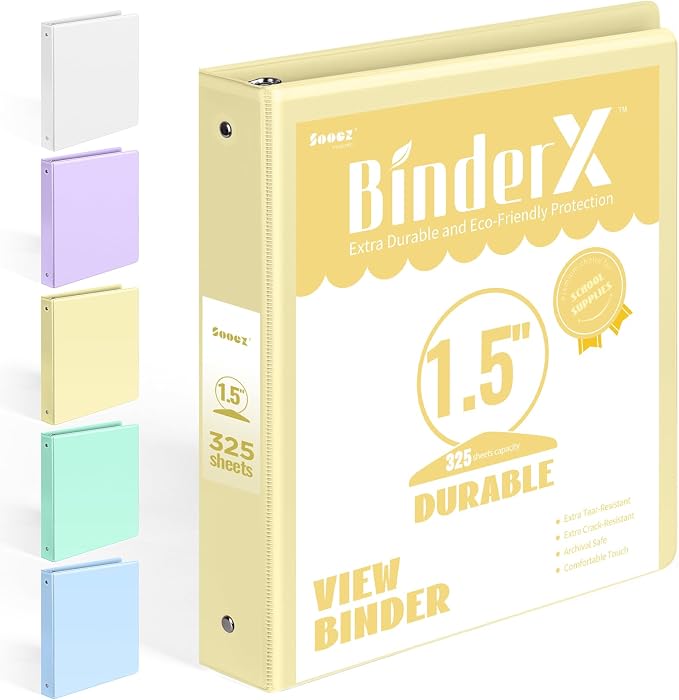 BinderX 3 Ring Binder 1.5 Inch, 1.5" Clear View Binder, Yellow, Letter Size | Extra Durable, PVC-Free, Customizable, Interior Pockets, 325-Sheet Capacity, Eco-Friendly, Reinforced Hinge, School, Office by Sooez