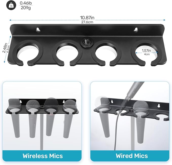 2-Set Wall Mounted Multi Mic Holder, Organizer for 8 Handheld Mics, Metal | Compatible with 5/8 & 3/8 Thread Stand, with Rubber Pad, Wired/Wireless Mic Storage for Church/Stage/Podcast Setup, 2 Pack - Image 5