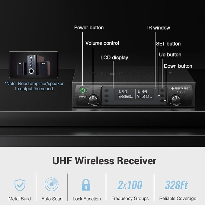 Phenyx Pro Dual UHF Auto Scan Headset/Lapel Wireless Microphones PTU-71-2B | 2 Bodypacks, 2 x 100 Frequencies, Hands-Free Speaking, Live Vocals, Worship Services, DJ Sets - Image 3