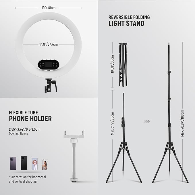 NEEWER 19" 100W High Power LED Ring Light with Tripod Stand & 3 Phone Holders Compatible with iPhone, 2900-7000K CRI97+ App&2.4G Control Lighting for Selfie Video Recording Makeup Streaming, RH100B | 100W 19-inch LED ring light with 2900K-7000K CCT and... - Image 7