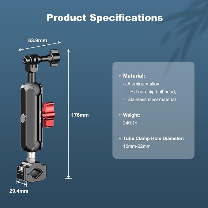 Camera Clamp Mount, Super Camera Mount Double Ball Head Magic Arm Adapter with U-Shaped for Motorcycle Handlebar Mounts & Aluminum Alloy Super Clamp for DSLR, 360° Rotating, 78002 - Image 7