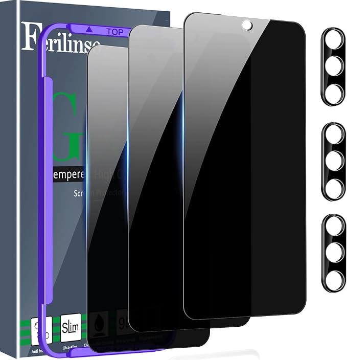 Ferilinso Privacy Screen Protector for Samsung Galaxy S25, Tempered Glass | 3 Pack, 9H+ Hardness, Military-Grade Shatterproof, Case Friendly, Easy Installation Bubble Free, with Camera Lens Protectors by Ferilinso