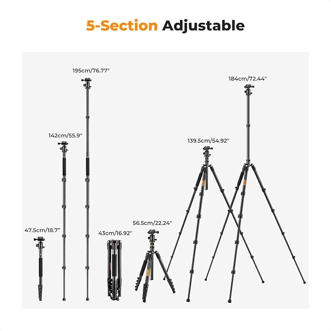 K&F CONCEPT 72" Aluminum Tripod for Camera | Remote & Extra QR Plate, Tripod Monopod for DSLR/Phone, Lightweight Foldable Travel Tripod, TM2324 - Image 5