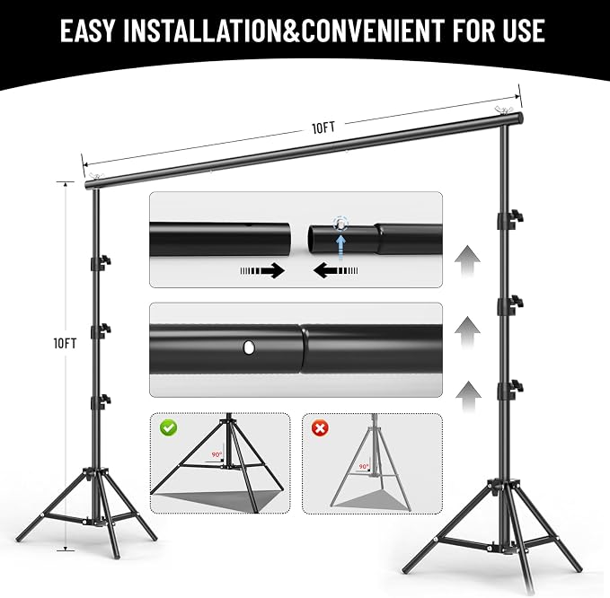 BEIYANG 10x10FT Backdrop Stand, Background Support Kit for Photography, 2 Adjustable Backdrop Supports, 4 Crossbars, 4 Clamps, and Carrying Bag for Photo Video Stutio, Parties Decoration - Image 4