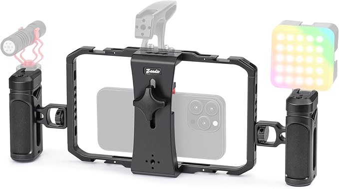 Zeadio Smartphone Video Rig, Phone Cage with Adjustable Dual Handles & Movable Mount, 8 Cold Shoes & 26 1/4" Thread Holes, Filmmaking Stabilizer for All Smartphones, Vlogging YouTube Tiktok Recording by Zeadio