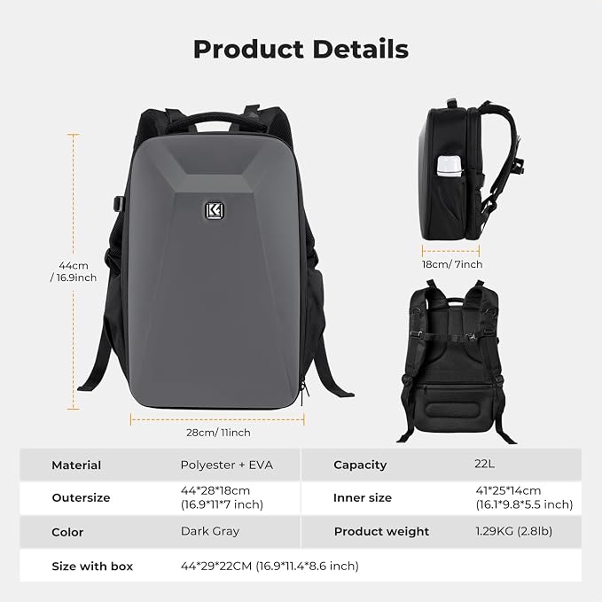 K&F CONCEPT Camera Backpack,Hardshell Photography DSLR Camera Bag | 15-15.6 Inch Laptop Compartment, Waterproof, Hard Shell Camera Case, Compatible with Canon/Nikon/Sony/DJI Mavic Drone, B07 - Image 7