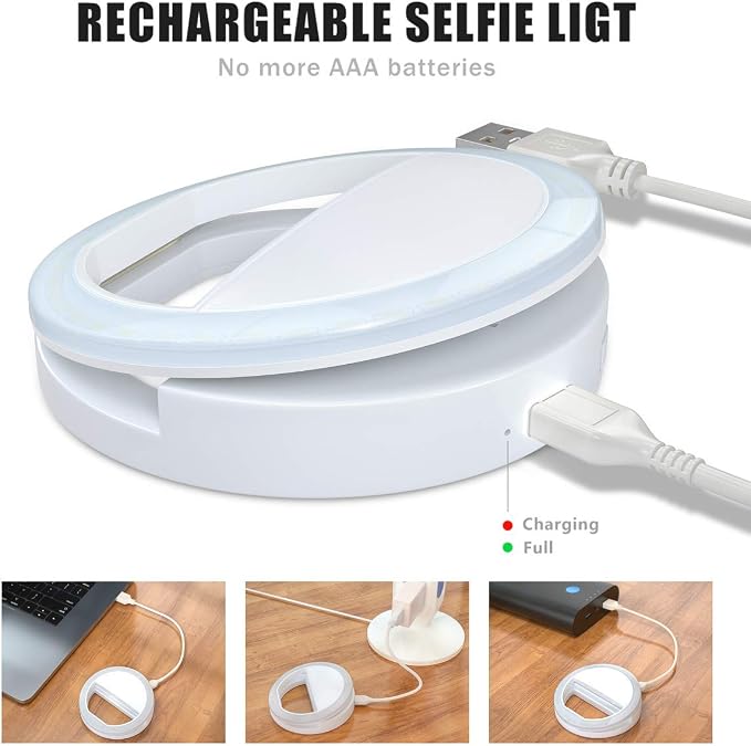 Meifigno Selfie Ring Light, [Rechargeable] with 36 LED Lights, 3-Level Adjustable Brightness Clips On Phone Ring Light Compatible with iPhone 16 15 14 13 12 11 Plus Pro Max iPad Laptop Samsung, White - Image 2