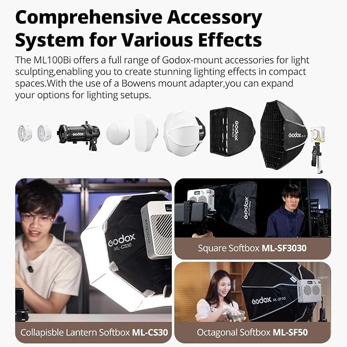Godox ML100Bi Bi-Color LED Video Light, 120W 34300Lux@1M CRI 97+ TLCI 98+ 2800K-6500K, 11 FX Effects Photography Light, Portable LED Continuous Light - Image 7