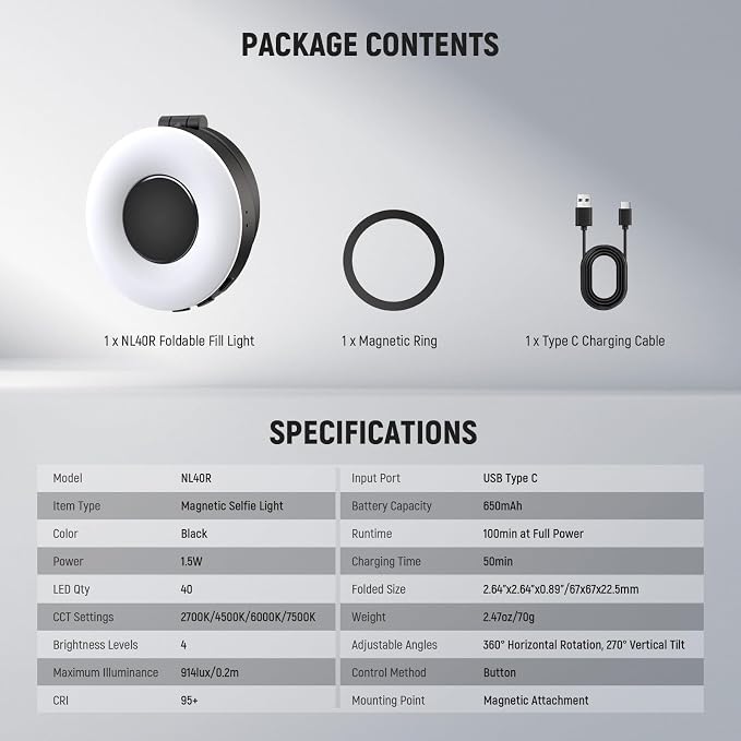 NEEWER ENTRY LEVEL VERSION Magnetic Selfie Light Compatible with MagSafe iPhone, 4 Mode CRI95+ 914lx 1.5W Plastic Folding Small LED Phone Fill Ring Lighting for Recording Makeup Video Conference,NL40R - Image 8