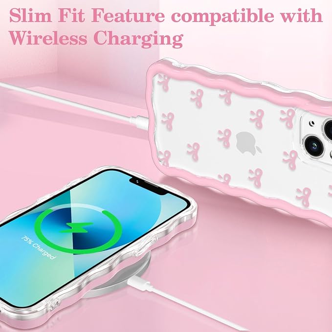 QLTYPRI for iPhone 15 Pink Bow Case, Clear Cute Pink Ribbon Bow Phone Case Curly Wavy Aesthetic Phone Cover, Soft Slim Transparent TPU Shockproof Protective Cover for Women Girls - Tiny Bow - Image 5