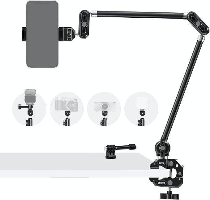 NEEWER 30" Articulating Magic Arm with Desk Super Clamp/Action Cam Mount/Phone Holder, Overhead Camera Mic Boom Stand, Compatible with GoPro iPhone DSLR Webcam Microphone Video Recording, UA056 by Neewer