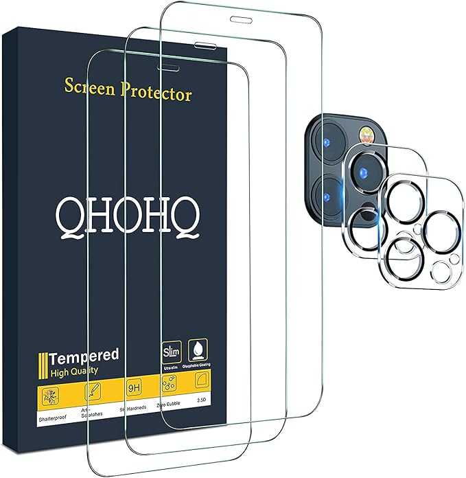 QHOHQ 3 Pack Screen Protector for iPhone 12 Pro Max 6.7" with 2 Pack Tempered Glass Camera Lens Protector, Ultra HD, 9H Hardness, Scratch Resistant, Easy Install - Case Friendly by QHOHQ