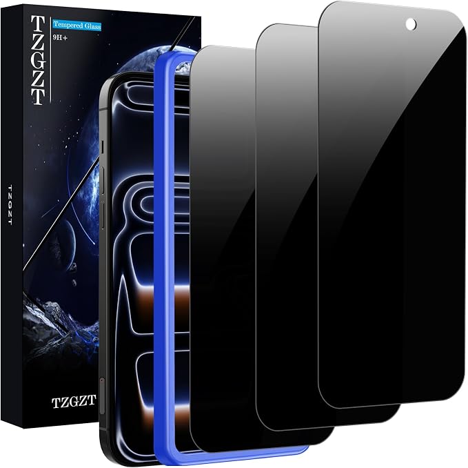 TZGZT Privacy Screen Protectors for iPhone 17 Pro Max, Tempered Glass, HD | 3 Pack, 9H+ Military Grade Shatterproof, Easy Installation, Bubble Free, Case Friendly, Dynamic Island Compatible by Unknown