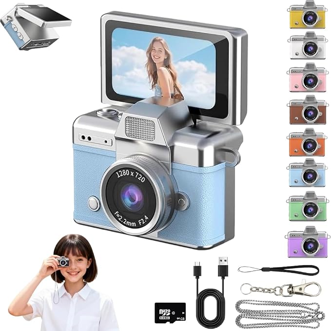 Mini Keychain Digital Camera Retro Mini Digital Video Camera Small bodycam 1080P FHD Recording with 0.96" IPS Screen with 6 Retro Filters AVI Format-Ideal for Phone Transfer (Blue, 64G) by MOEKING