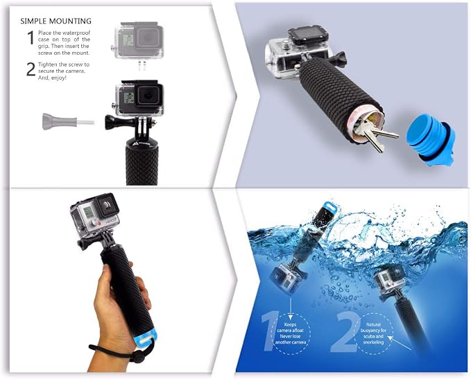 Floating Hand Grip Waterproof Monopod for GoPro Hero 13 12 11 10 9 8 7 6 5 | Compatible with Hero Session Black Silver Handler & Handle Mount Accessories Kit for Water Sport & Action Cameras (Blue) - Image 6