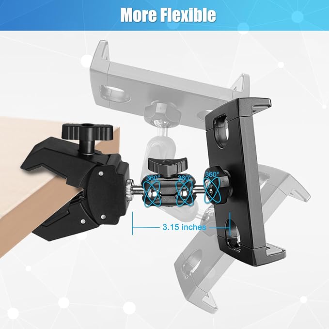Mic Stand Tablet Holder, 360° Swivel iPad Mic Stand Holder Phone iPad Holder for Mic Stand/ Treadmill/ Spin Bike/ Peloton Exercise Bike Handlebar Mount, Fits 4-12.9" iPad, iPhone, Android Smartphones - Image 4