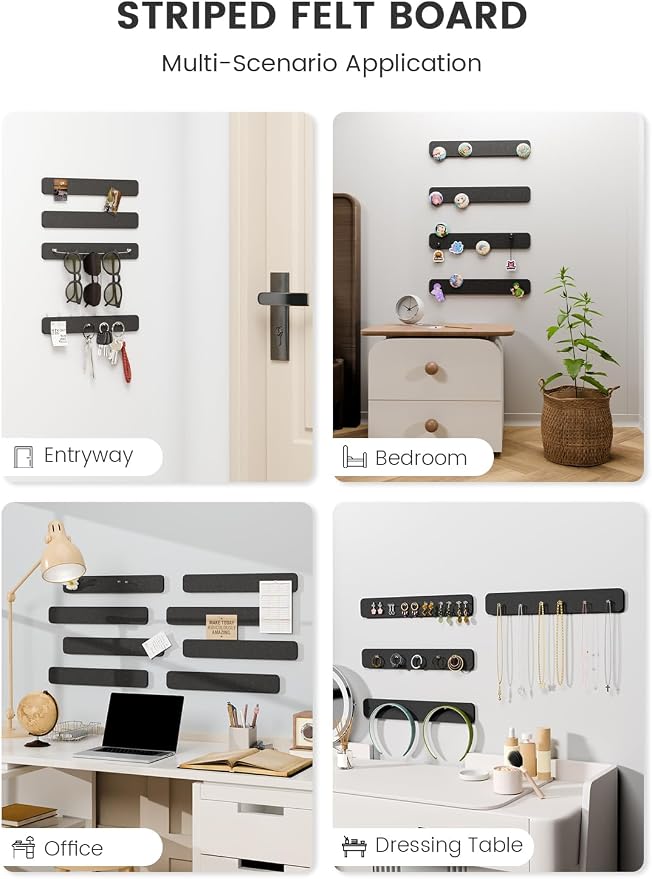 Fluxynara 13" x 2" Felt Wall Panels, Black | 8-Pack Includes 50 Push Pins and Adhesive Tabs for Photos, Notes and Decor in Bedroom Doors, Home Office or Studios - Image 6