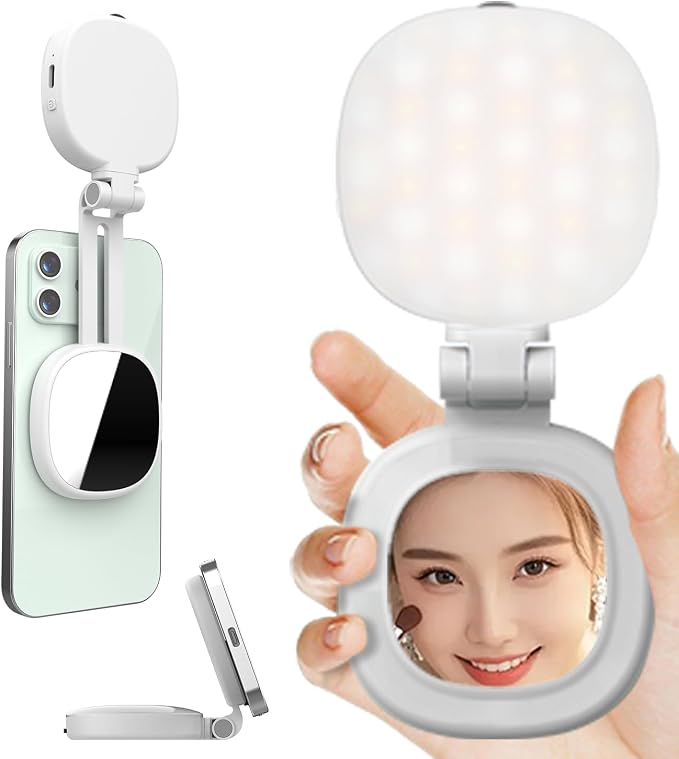 Selfie Light, 3-in-1 Magnetic Selfie for iPhone with Mirror, Foldable Portable Phone, Dual Color Temperature 360° Rotation Video Light for Makeup, Live Streaming, Vlogging by irianu