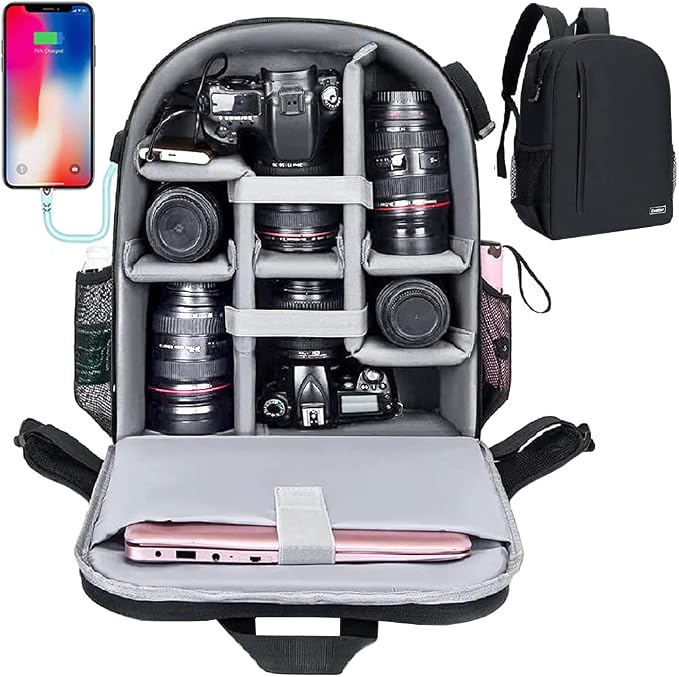Cwatcun Camera Backpack Bag, Waterproof DSLR Bag with USB Port & Rain Cover | Fits DSLR with 70-200mm lens + 6lenses+15.6"laptop+tripod.Anti-theft rear opening,900D nylon,rain cover included. by FocusonCameraBag