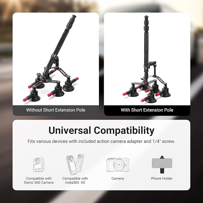 NEEWER 5 in 1 Suction Car Mount Kit Compatible with Insta 360 X5 X4 X3 Insta360 X2 GoPro Max DJI OSMO 360 Action Camera Accessories, Quick Release with Invisible Selfie Stick for Windshield, CA075 - Image 2