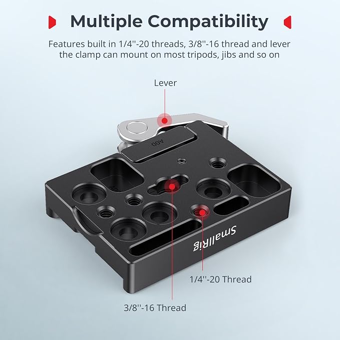 SMALLRIG Quick Release Mount Plate Clamp for Arca-Type, Lightweight Clamp | Baseplate Clamp with 1/4''-20 Threaded, 3/8''-16 Threaded and Lever - Image 3