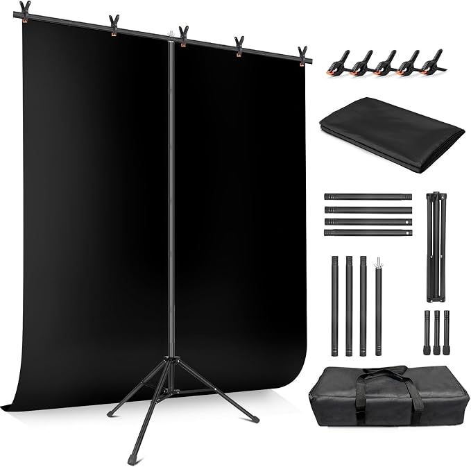 Black Backdrop Background with Stand for Photoshoot, 5x6.5ft Black Photo Backdrop Curtain Cloth with Background Support Stand, 5 Spring Clamps& Carrying Bag for Party Photography Video Studio by JEBUTU