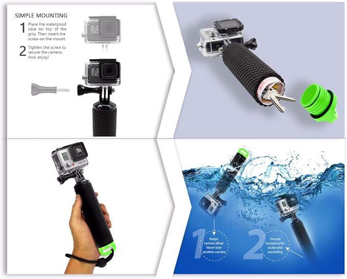 Floating Hand Grip Waterproof Monopod for GoPro Hero 13 12 11 10 9 8 7 6 5 | Compatible with Hero Session Black Silver Handler & Handle Mount Accessories Kit for Water Sport & Action Cameras (Green) - Image 6