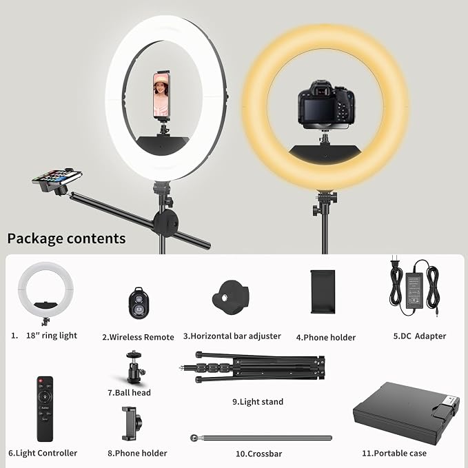 55W18 45cm Ring Light Kit [New Version] 6700K Dimmable LEDRinglightTripod Stand Dual Phone Holder for iPhone Selfie Makeup LashTattoo Studio Lighting Painting,Photo Video Recording (Brown) - Image 3