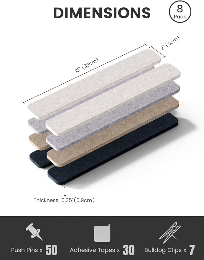 Fluxynara 13" x 2" Felt Wall Panels, Nordic Slate | 8-Pack Includes 50 Push Pins and Adhesive Tabs for Photos, Notes and Decor in Bedroom Doors, Home Office or Studios - Image 2