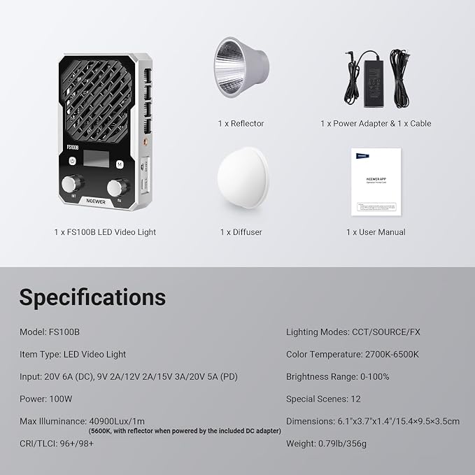 NEEWER 100W Ultra Compact LED Video Light APP/Panel Control, Pocket Size Bi Color COB Continuous Output Lighting with 4 Dimming Curves/2700K-6500K/CRI96+ for Studio Photography Recording, FS100B - Image 9