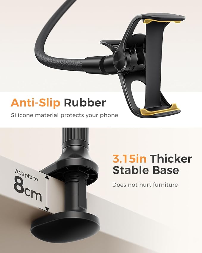 SAIJI Gooseneck Phone Holder for Bed Overall Length 38.6” Flexible Leather Wrapped Arm Overhead Cell Phone Mount Stand with 360° Adjustable Clamp Clip, Compatible with All 4-7” Cellphones (Black) | 38.6” Flexible Leather Wrapped Arm, Phone Stand with 3... - Image 4