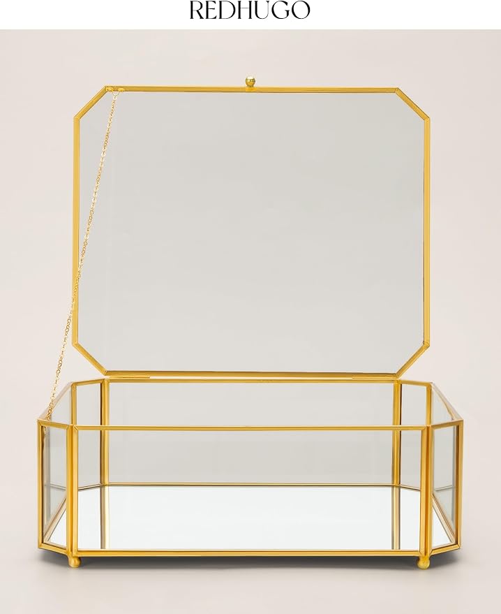 REDHUGO Large Glass Boxes for Display Handmade, Octagon, Gold | Handmade Glass Jewelry Box with Mirrored Bottom and Lid, Ideal for Trinkets, Photos, Keepsakes and Vanity Decor - Image 4