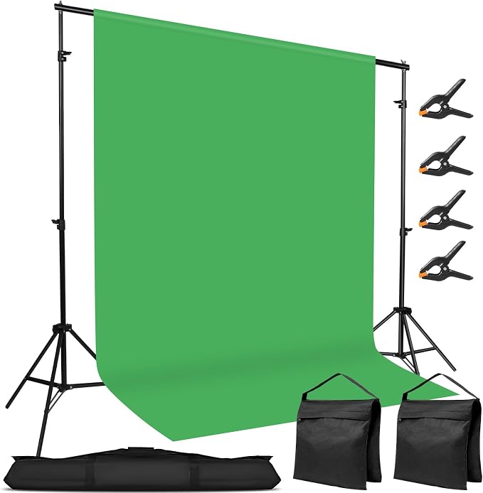 10x7ft Adjustable Photography Backdrop Stand Kit – Photo Studio Background Support with 4 Crossbars, 4 Clamps, 2 Sandbags (with 9 * 6 Feet Green Backdrop Curtain) by Hikpik