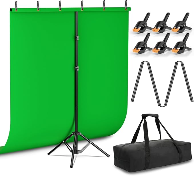 Emart 5x6.5ft Green Screen Backdrop Kit with T-Shape Stand and 6 Clamps | Reverse folding base for easy storage & transport，perfect for Photography, Photoshoot, Studio Video Recording, Streaming by EMART