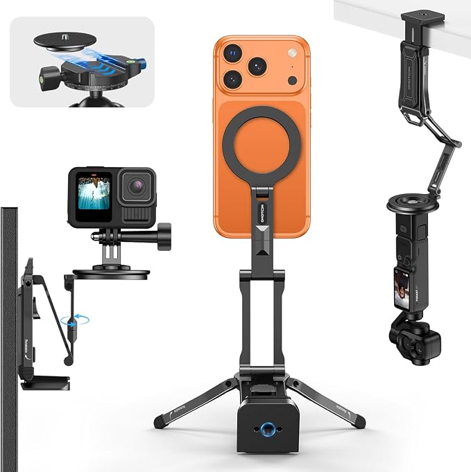 OMOTON TP02-Ultra Multi-Device Camera & Phone Mount with 1/4" Adapter Black | Built-In 1/4" & Arca Base, Clamp, Magnetic & Tripod Setups for iPhone, Pocket/Action Cameras, Overhead & Low-Angle Filming by OMOTON