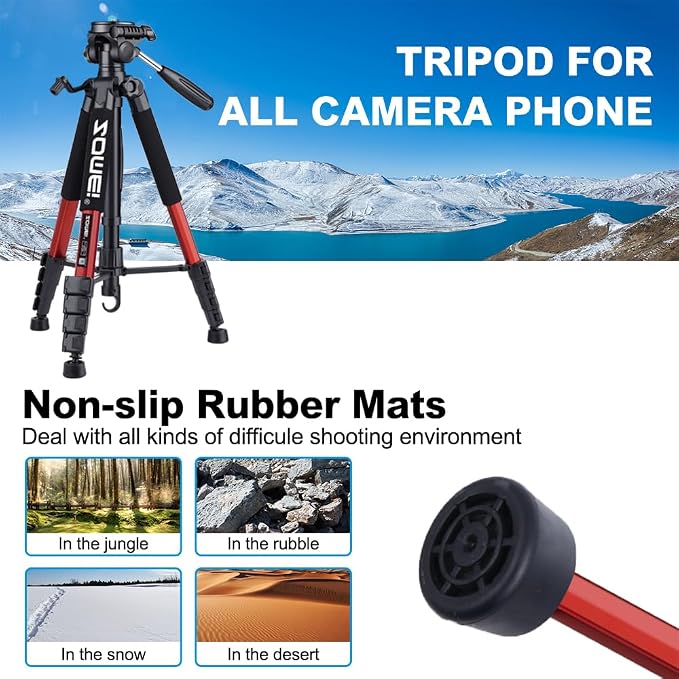 Camera Tripod, 74" Tripod for Camera Stand, Heavy Duty Tripod with Travel Bag for Projectors, Lasers, DSLR, Webcam, Aluminum Phone Tripod for Video Recording Photo Vlogging(Red) - Image 6