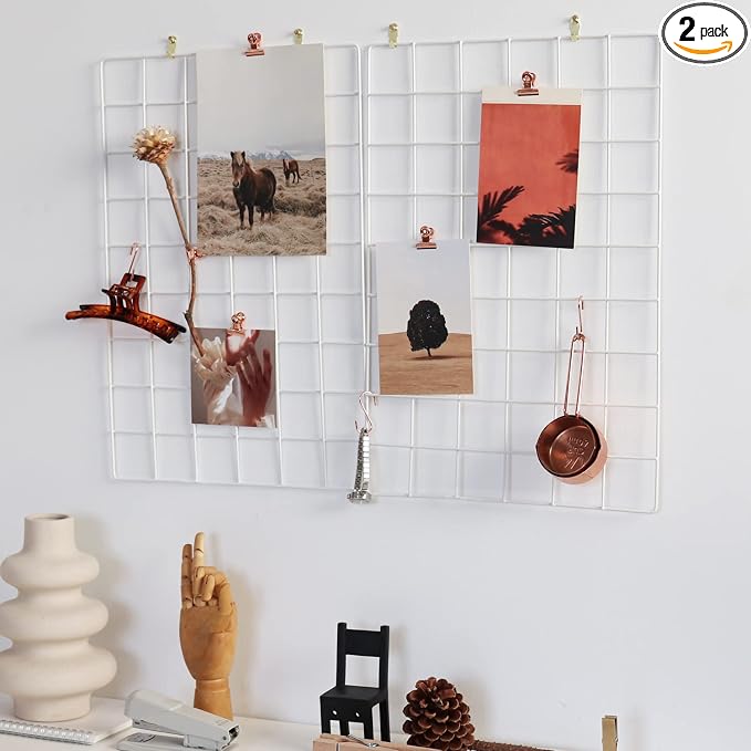 Wall Grid Panel for Photo Display,Wall Storage Organizer,5 Metal Clips & 3 S Hooks & 4 Nails & 4 Plastic Hanging Buckles and 4 Screws Offered,Size 17.5" x 11.8",Set of 2 (White) by FRIADE