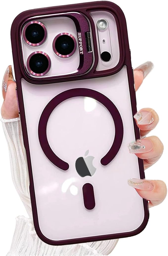 for iPhone 17 Pro Max Magnetic Case with Kickstand, [Compatible with MagSafe] Built in Stash Stand Clear Shockproof Soft Cover Camera Lens Protection Case for iPhone 17 Pro Max 6.9", Wine Red by Unknown