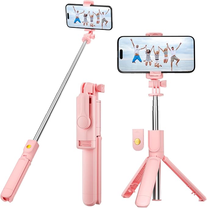 Pink Selfie Stick Tripod, with Wireless Remote Control, Live Streaming and Video Recording, Compatible with Android, iPhone and More by Aourxiv