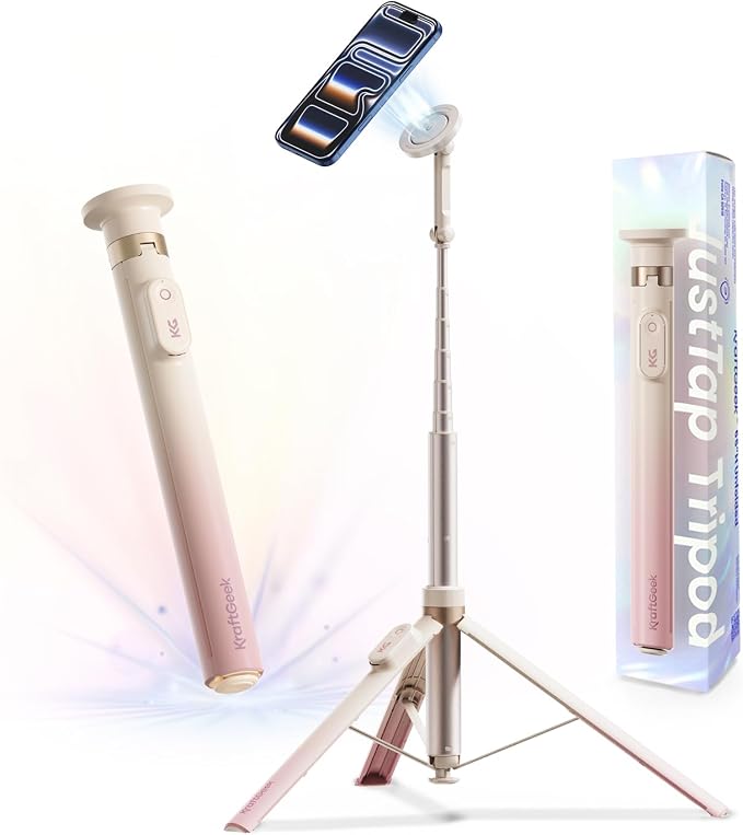 KraftGeek Magnetic Phone Tripod for iPhone, JustTap Tripod for MagSafe | 66" Auto-Open Selfie Stick Tripod, N52 Magnetic Mount, Portable Phone Tripod Stand for Travel, Video Recording & Vlogging by KraftGeek