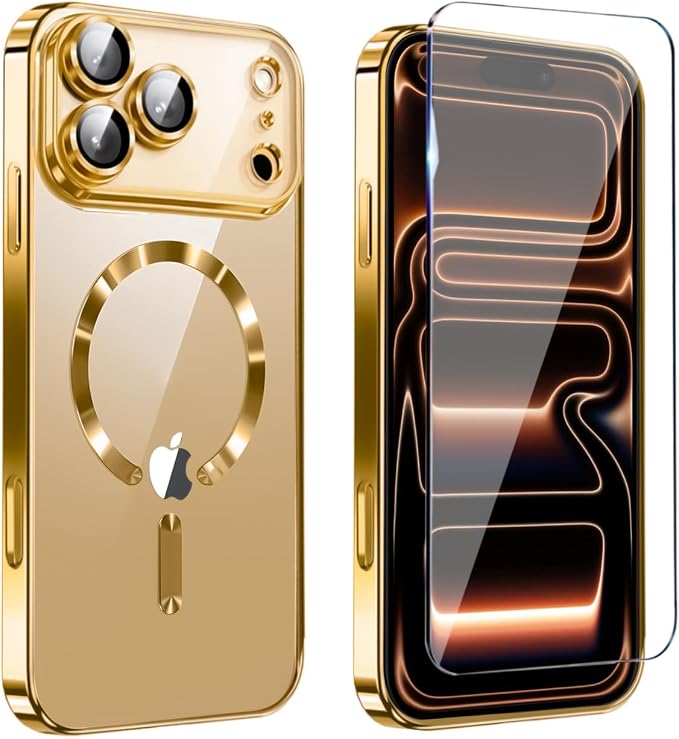 Magnetic Glossy Case for iPhone 17 Pro,iPhone 17Pro Phone Case Slim Clear Luxury with Screen Protector & Camera Protector [Compatible with MagSafe], Shockproof Cover for iPhone Pro 17-Gold by Unknown