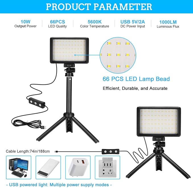 LED Video Light 2-Pack, 5600K Dimmable USB Camera Lighting Kit | Photography Lights with Mini Tripod & Colored Filters for Photo Studios, Small Angle Shooting, Video Recording,Game Streaming - Image 3