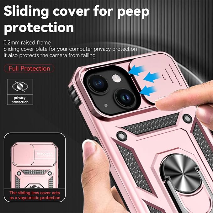 HNHYGETE for iPhone 15 Case with HD Screen Protector: [Military Grade 20ft. Drop Tested] Ring Shockproof Protective Phone Case for - iPhone 15 Rose Gold - Image 4
